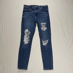 American Eagle Womens 8 Short Mid Rise‎ Ripped Skinny Jeans Blue